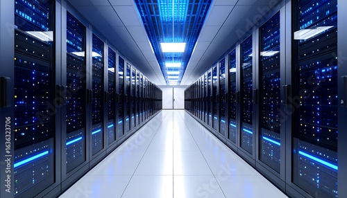 Ultra-wide shot of a futuristic cloud computing data center filled with glowing server racks and cool blue lighting, capturing a high-tech and modern atmosphere. Perfect for IT services