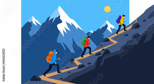 Three hikers ascend a rocky mountain trail with snow-capped peaks under a bright sun.