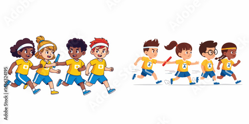Cartoon Handdrawn Diverse Children Running Relay Race with Baton Illustration
