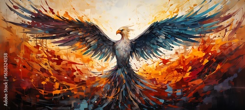 minimalist illustration of phoenix with mosaic various colors shaped wallpaper, ai generative