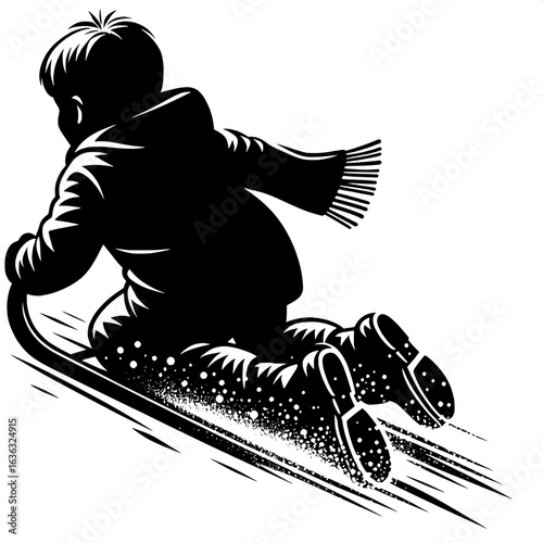 Black and White Vector Silhouette of a Boy Sledding Down Hill