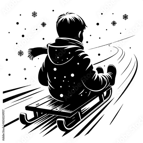 Black and White Vector Silhouette of a Boy Sledding Down Hill