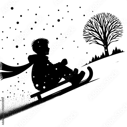 Black and White Vector Silhouette of a Boy Sledding Down Hill