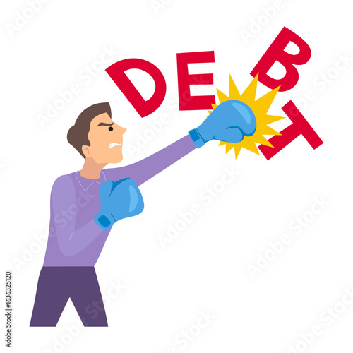 Businessman Punching word debt, Illustration, Cartoon, Vector.