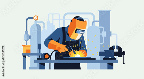 Vector Illustration of a Welder at Work with Protective Gear and Sparks