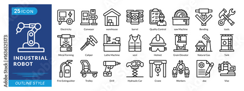 industrial robot icon set collection in outline style. an icon pack contain electricity, conveyor, warehouse, barrel, quality control, saw machine, bending, tools, metal forming