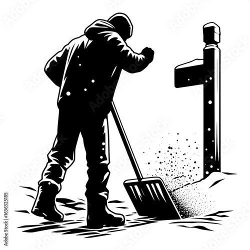Black and White Vector Silhouette of Man Shoveling Snow from Walkway