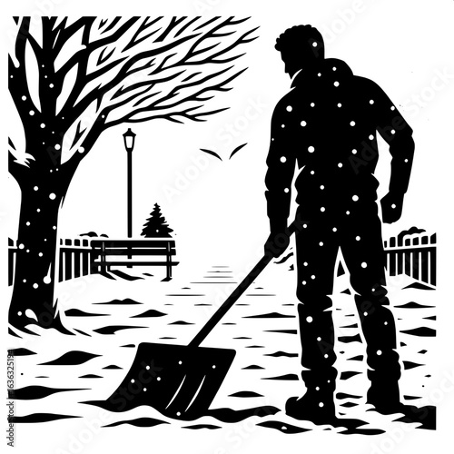 Black and White Vector Silhouette of Man Shoveling Snow from Walkway