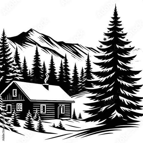 Black and White Vector Silhouette of Snow-Covered Cabin in Woods
