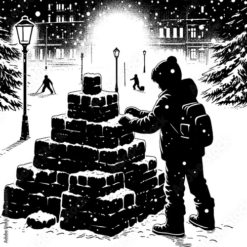 Black and White Vector Silhouette of a Boy Building a Snow Fort