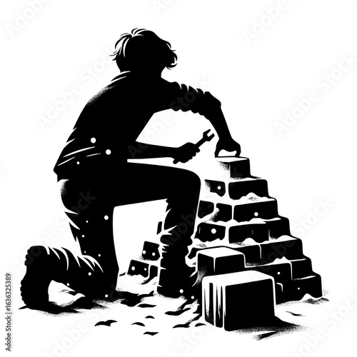 Black and White Vector Silhouette of a Boy Building a Snow Fort