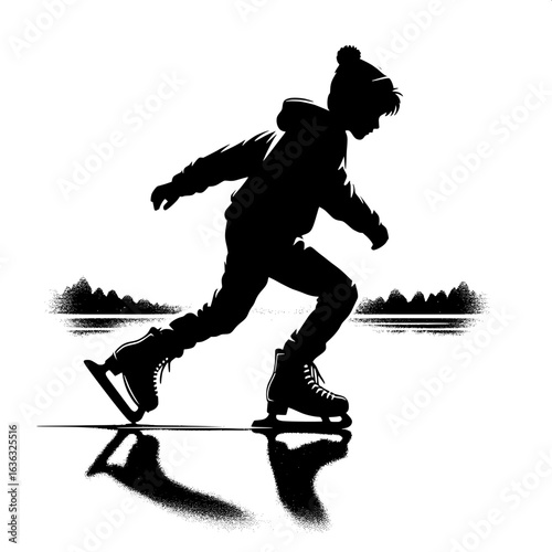 Black and White Vector Silhouette of a Frozen Pond with Skating Boy