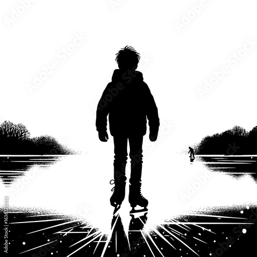 Black and White Vector Silhouette of a Frozen Pond with Skating Boy