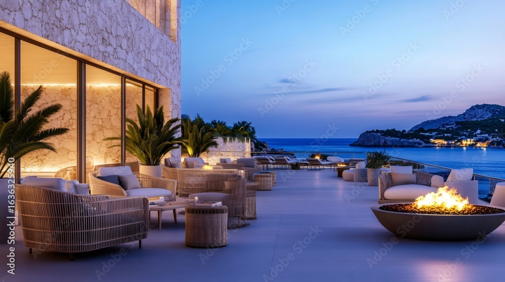 Fototapeta premium Luxury hotel terrace overlooking tranquil bay at dusk with fire pit