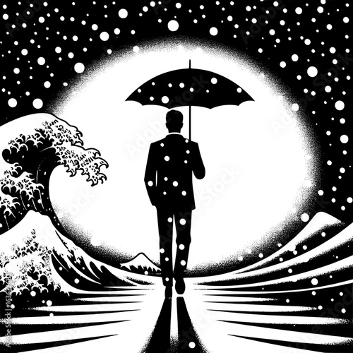 Black and White Vector Silhouette of a Man with Umbrella Walking in Snowfall