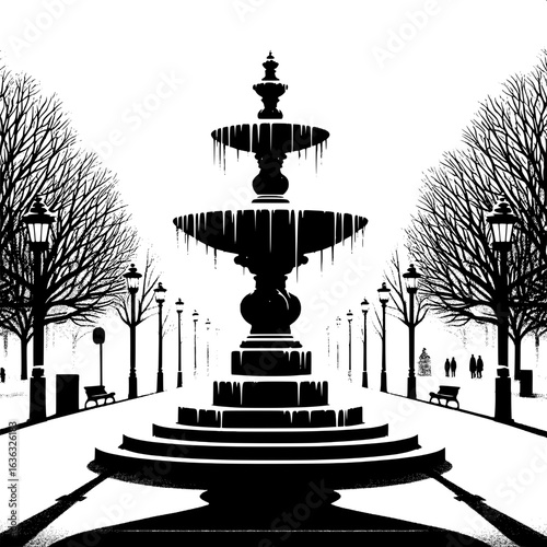 Black and White Vector Silhouette of Frozen Fountain in Square