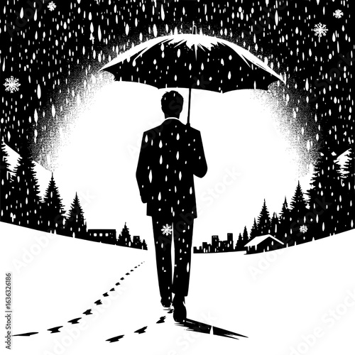 Black and White Vector Silhouette of a Man with Umbrella Walking in Snowfall