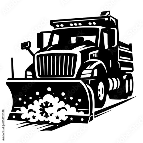 Black and White Vector Silhouette of a Snowplow Clearing Street