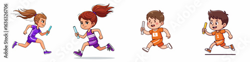 Cartoon Illustration of Diverse Children Participating in a Relay Race with Batons