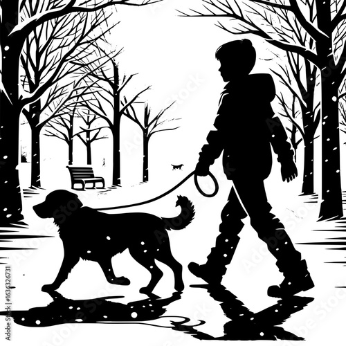 Black and White Vector Silhouette of a Boy Walking a Dog in Snowy Park