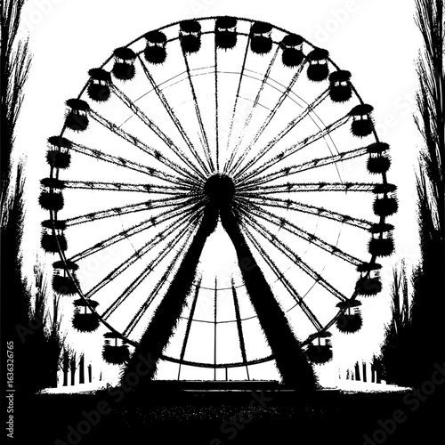 Black and White Vector Silhouette of a Frozen Ferris Wheel in Urban Park