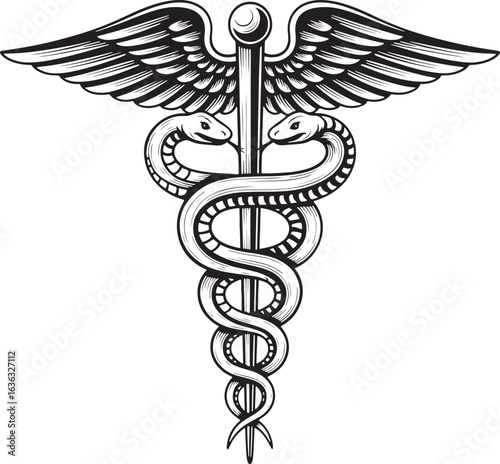 A hand drawn style vector silhouette of a caduceus symbol with a winged staff and two intertwined snakes