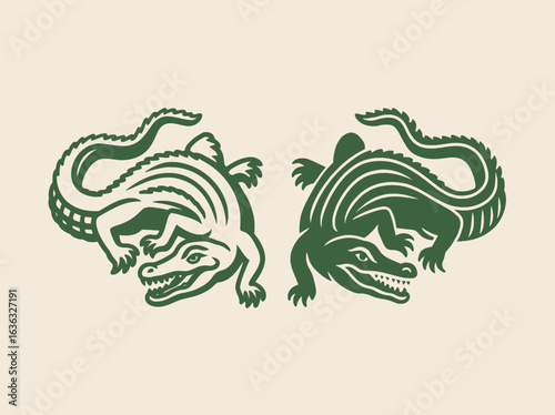  Crocodile Pair Engraving Style Decorative Vector Illustration