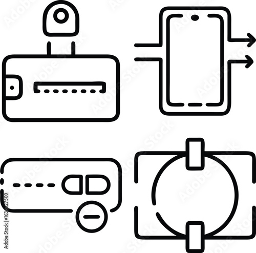 Four simple line art icons depict a wallet, a smartphone with data transfer, a credit card with a minus symbol, and a charging port.