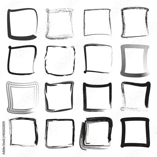 Hand drawn square frames. Brush stroke effect. Rough texture borders. Vector doodle set.