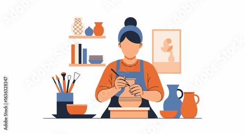 A Skilled Potter Shaping Clay on a Pottery Wheel with Tools