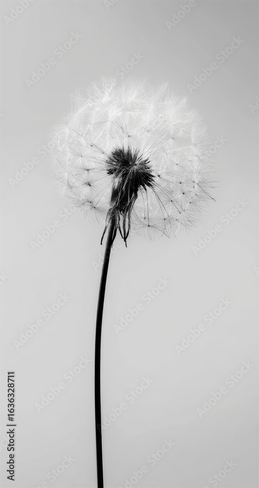 custom made wallpaper toronto digitalBlack and white close-up of a dandelion seed head.  Fluffy white seeds surround a dark center.  A slender stem extends upward against a plain light gray backdrop