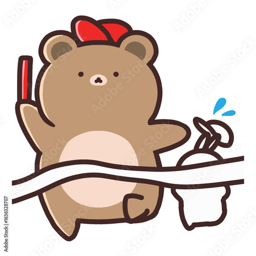 ゴールテープを切るかわいいクマのキャラクター