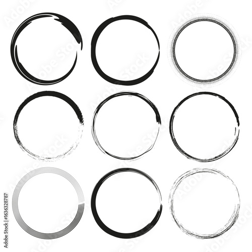 Grunge circle frames. Vector black line. Rough texture border. Distressed oval set.