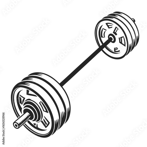 Black and white silhouette illustration of a heavy barbell with weight plates for fitness and gym concepts. Vector icon.