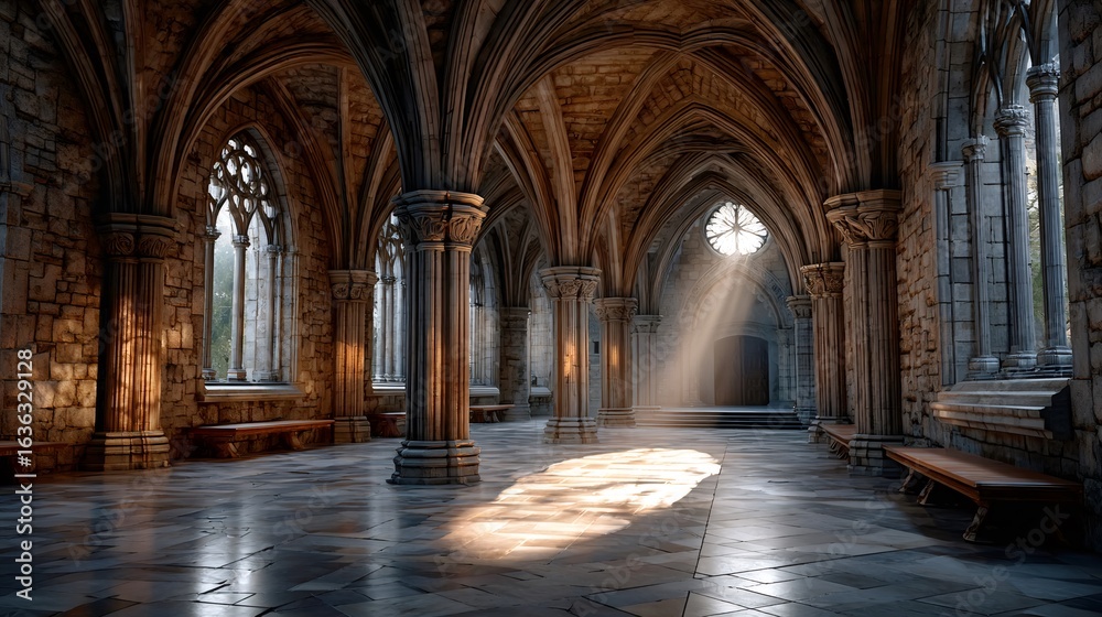 Obraz premium Sunlight illuminating hallway of ancient stone monastery
