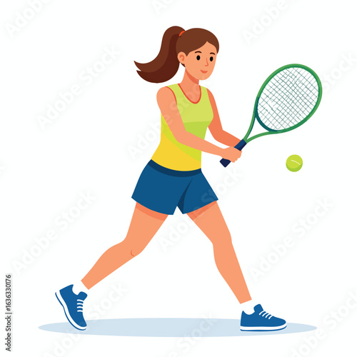 A female tennis player in action, poised to hit the ball, demonstrating athleticism and focus.