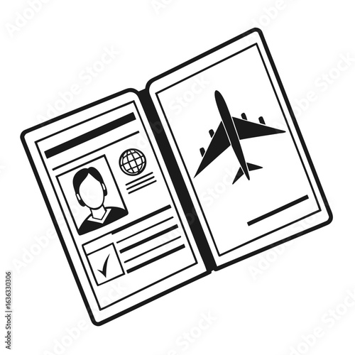 A black silhouette of an open passport with an airplane icon, representing travel, identity, and international journeys. Vector graphic.