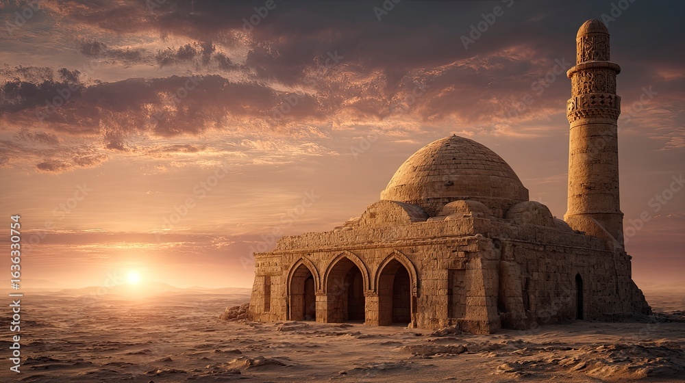 Fototapeta premium Antique mosque in desert landscape at sunset