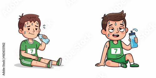 Cartoon Exhausted Little Boy Runner Sitting Down Drinking Water Illustration