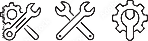 Engineering and Technical Support Icons Featuring Wrenches and Gears for Mechanical Solutions and Machine Maintenance Vector Illustration