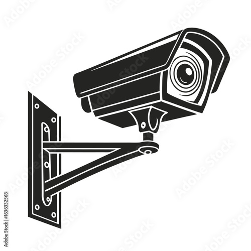Silhouette of a security camera mounted on a wall bracket. Vector icon for surveillance and monitoring.