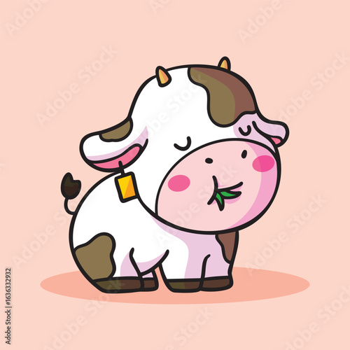 Illustrative depiction of a charming cow character on a salmon backdrop offering a soothing and