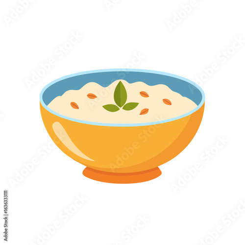 A delightful bowl of creamy, healthy oatmeal, garnished with a fresh leaf in a vibrant bowl