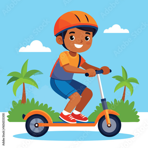 A young boy wearing a helmet enjoys riding a scooter on a sunny day.