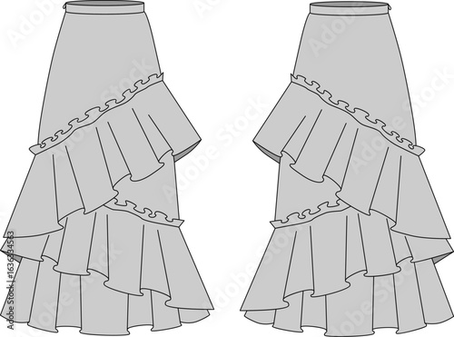 Technical illustration of maxi skirt with flounces from mid-thigh. Casual wear format. Flat sketch, front and back views. Vector illustration, template. CAD layout.