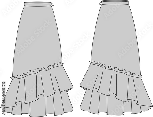 Technical illustration of maxi skirt with flounces at the bottom. Casual wear format. Flat sketch, front and back views. Vector illustration, template. CAD layout.