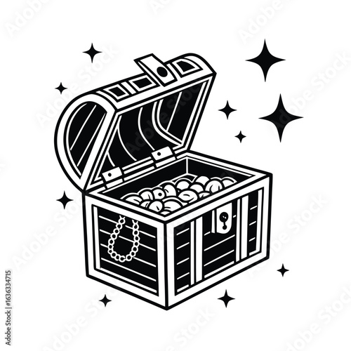 Monochrome silhouette of a vintage open treasure chest overflowing with gold, jewels, and sparkles. Vector icon for wealth.