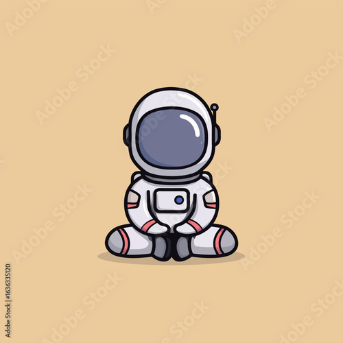 A charming illustration of a cartoon astronaut sitting in a simplistic flat style design featuring solid colors and outlined in black that captures the whimsical essence of space exploration