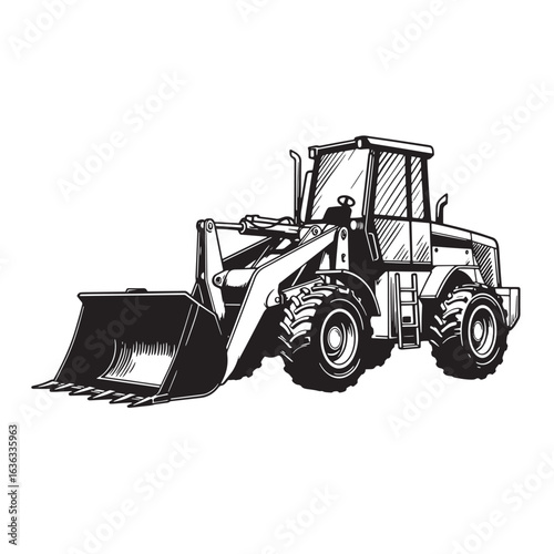 Black and white illustration of a detailed front loader construction equipment vector design