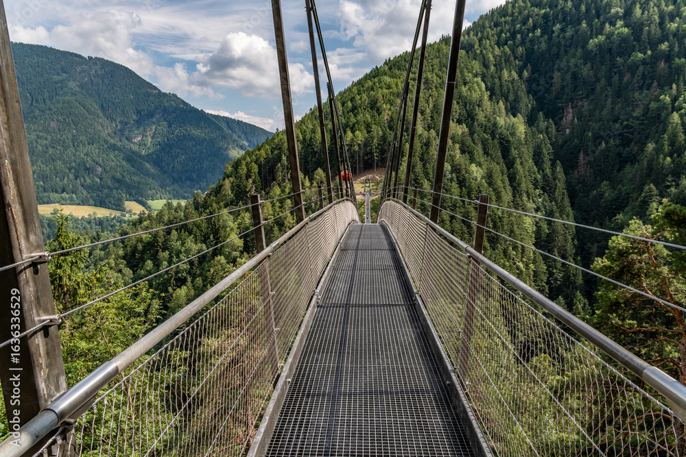 Obraz premium Lange Hängebrücke über Waldschlucht in den Südtiroler Alpen